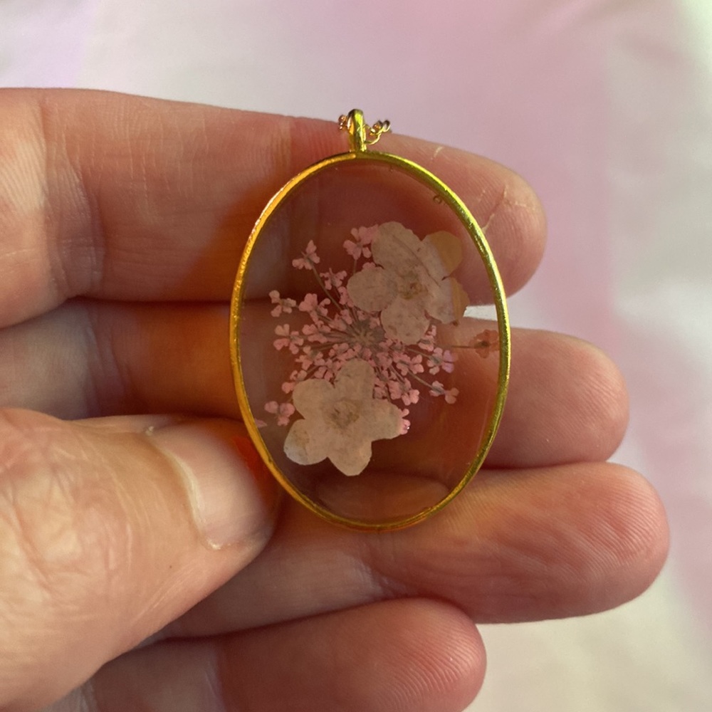 Pink on pink pressed flower necklace. - Picture 3 of 5